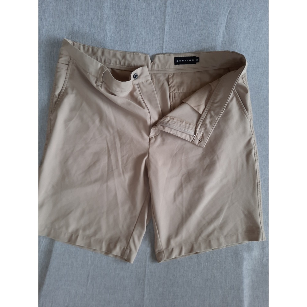 Dunning Mens 38 Solid Khaki Biege Golf Shorts Flat Front Chino Poly Spandex Zip